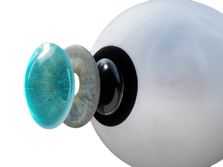 Close-up of a fictional or CGI eye with digital and realistic elements, including a blue digital cornea, a textured iris, a black pupil, and surrounding ocular structures.