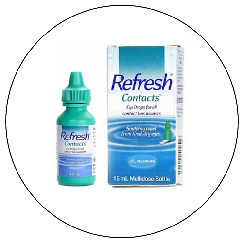 A 15 mL bottle of Refresh Contacts eye drops and its packaging box.