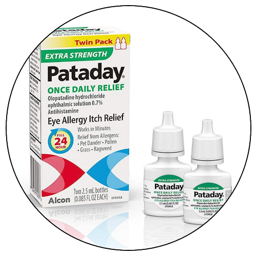 Box of Pataday eye allergy relief eye drops with two bottles next to it.