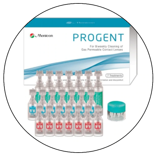 A box of PROGENT biweekly cleaning solution for gas permeable contact lenses, with several bottles and a small container of cleaning disks displayed in front.