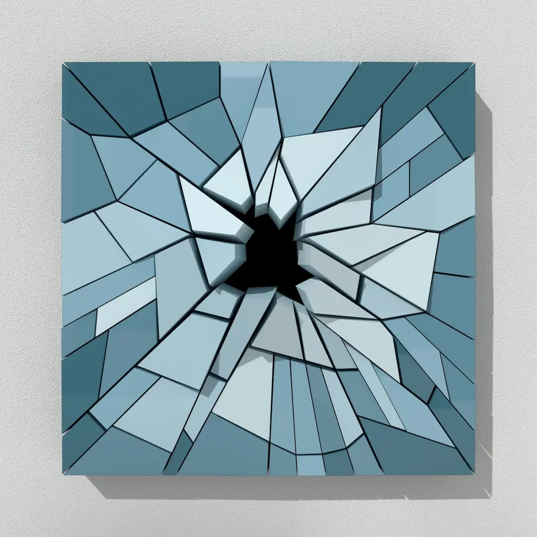 A 3D artwork of broken glass with sharp edges and a black hole in the center, mounted on a wall.