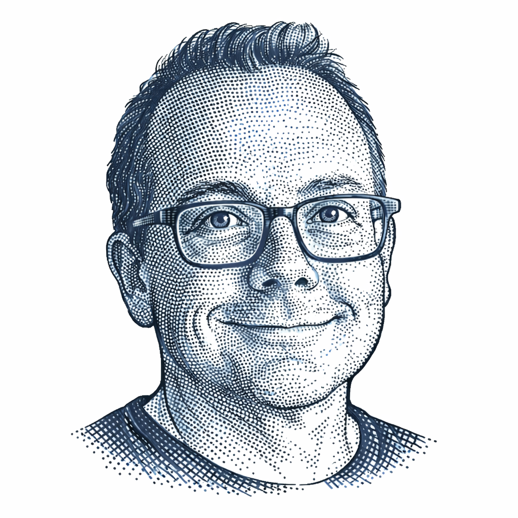 Digital illustration of a smiling man with glasses, short hair, and a striped shirt.