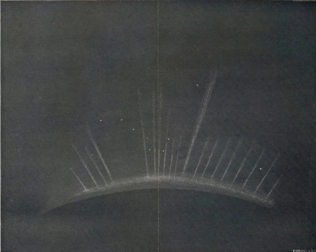 Close-up of a dark surface with white lines and dots, resembling a star chart or astronomical diagram. Bulletin de la Société belge d'astronomie - Vue de L'Aurore Boreale (Open Source Imagery)