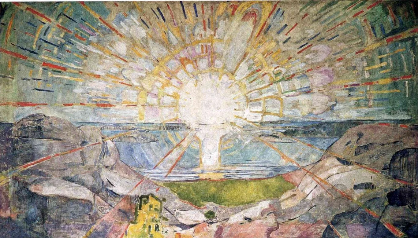 Abstract landscape painting depicting a bright sun or light source at the horizon with colorful rays extending outward, over a rugged terrain with rocky features and a small yellow house in the foreground. Edvard Munch - The Sun (Open Source Imagery)