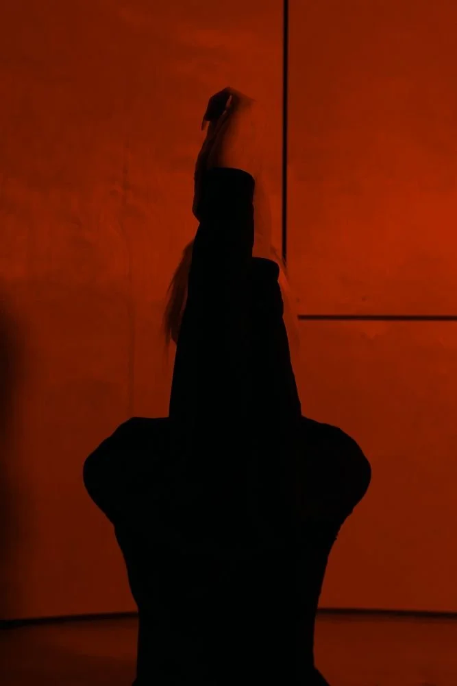 Silhouette with one leg extended against a red wall