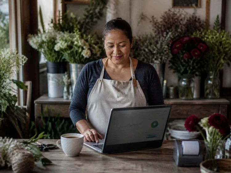 Flower shop owner at her counter checking website growth on her laptop