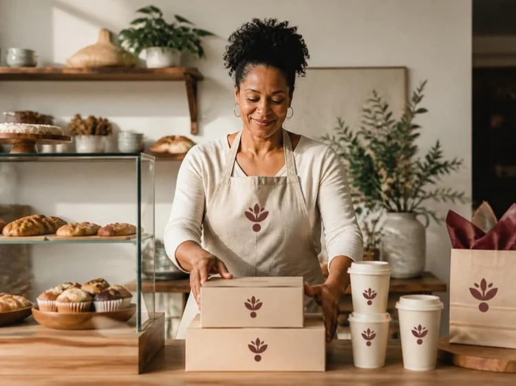 Bakery owner smiling as she arranges pastry boxes and cups featuring her new burgundy brand mark