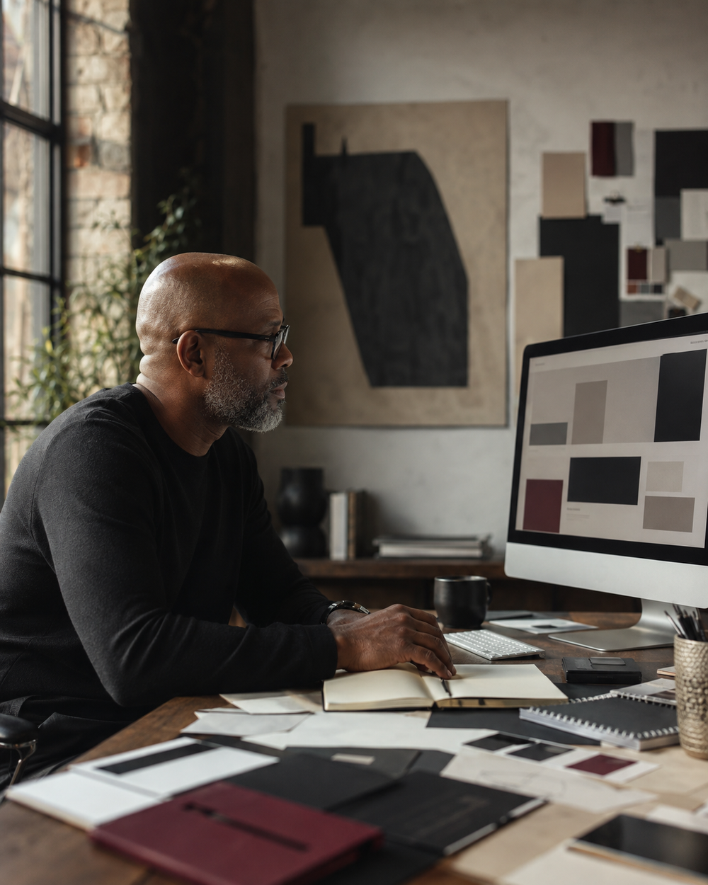 Creative director developing an integrated brand and website strategy in a modern studio.