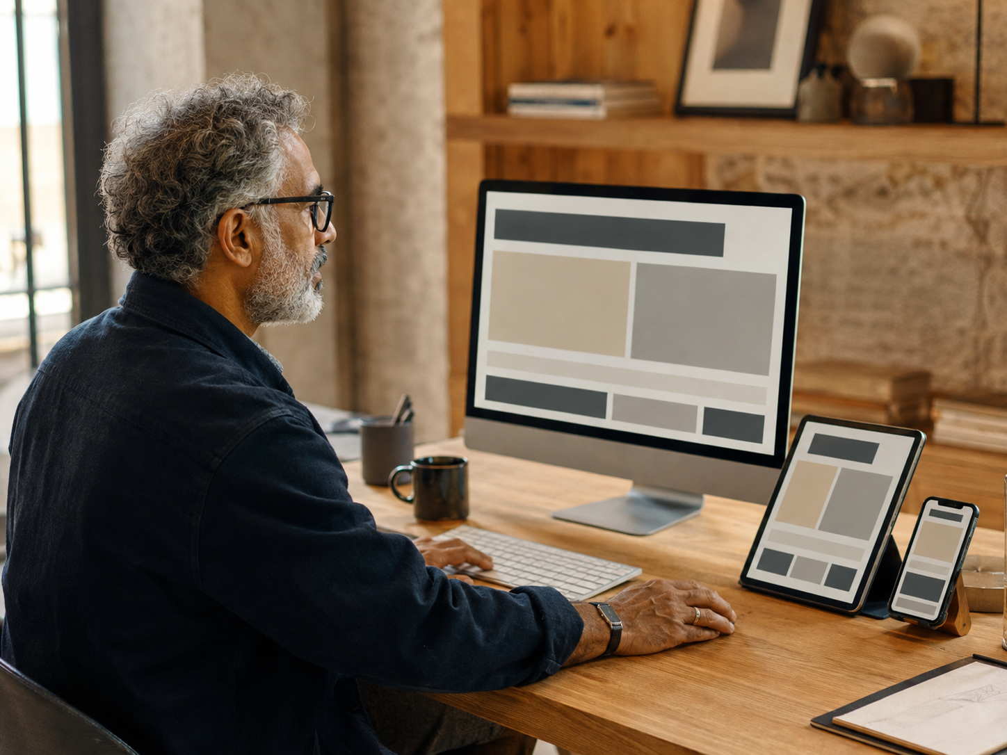 Digital designer reviewing a responsive website across desktop, tablet, and mobile screens