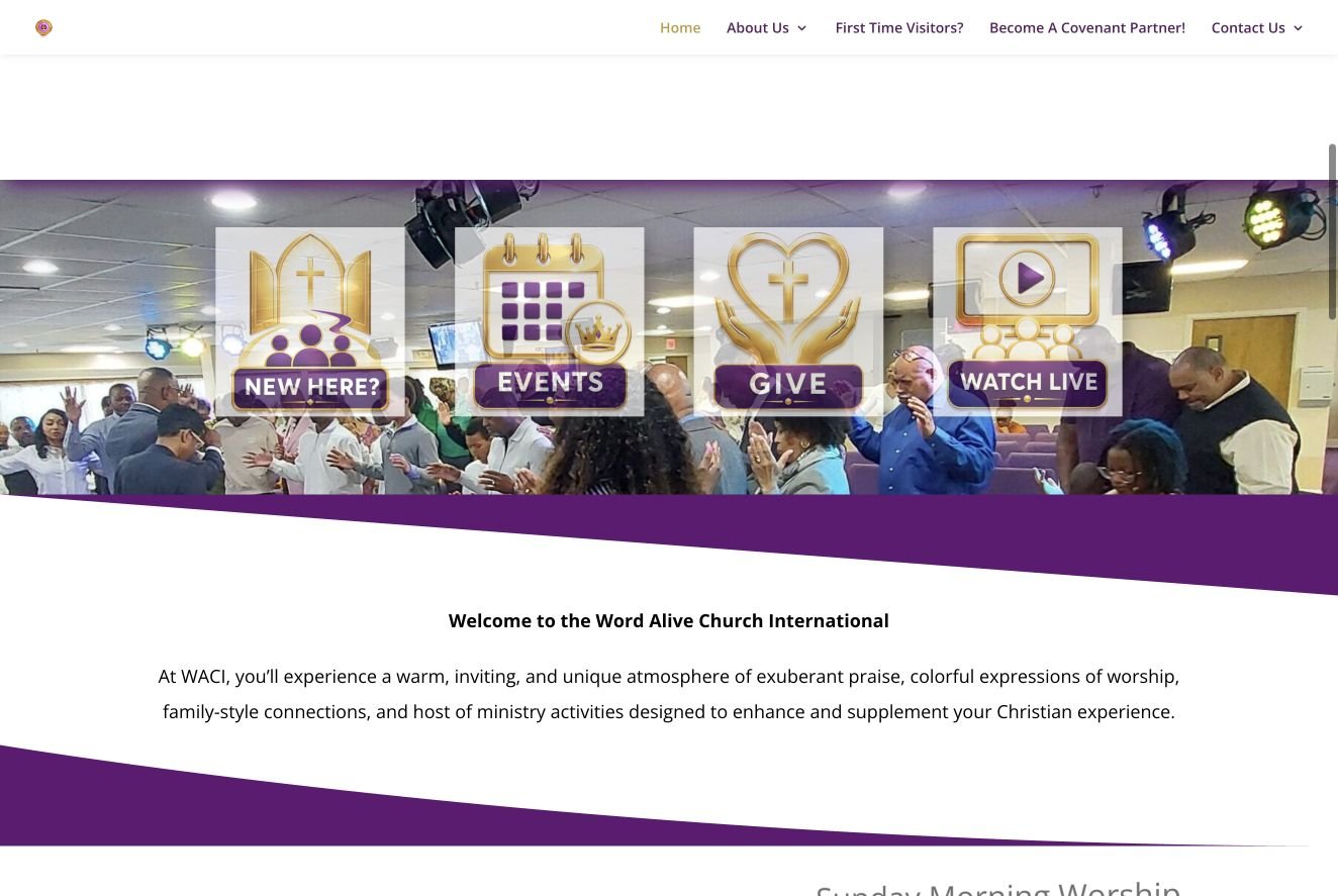 Word Alive Church International website showing visitor, events, giving and livestream pathways