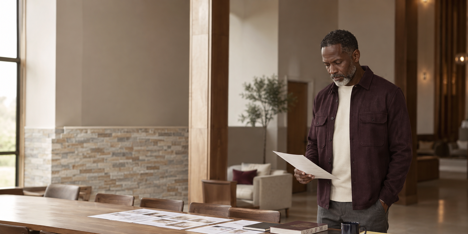 Ministry leader reviewing a community communications plan in a contemporary church space