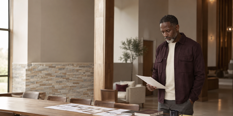 Ministry leader reviewing a community communications plan in a contemporary church space