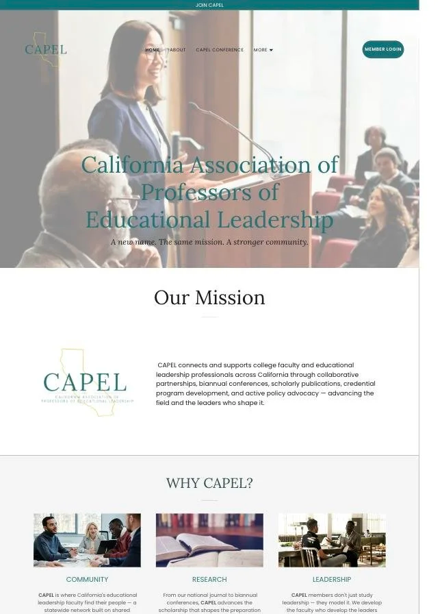 CAPEL (California Association of Professors of Educational Leadership) website homepage, designed by ViCoRea.