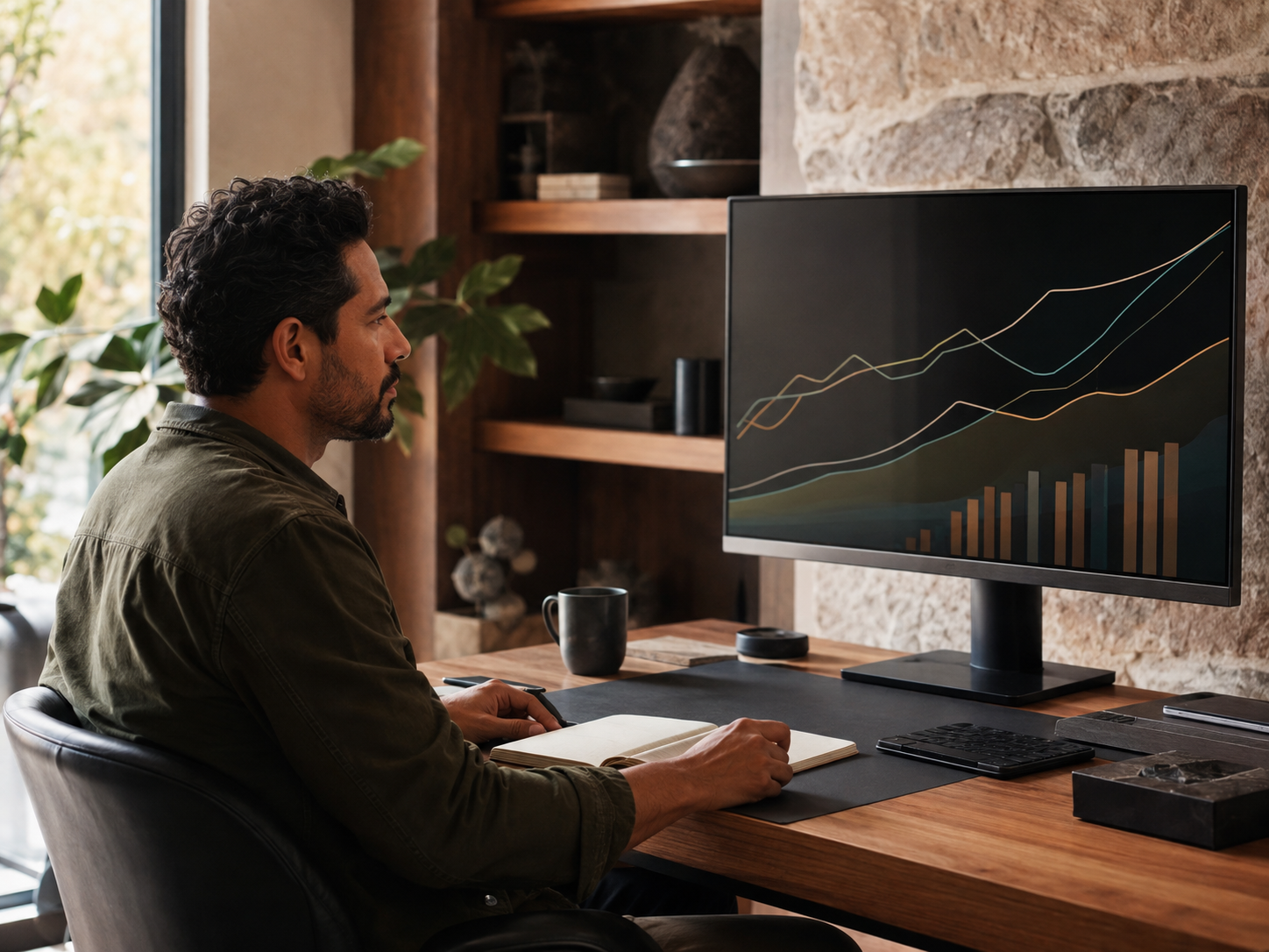 Digital strategist reviewing abstract campaign-performance trends in a warm modern workspace