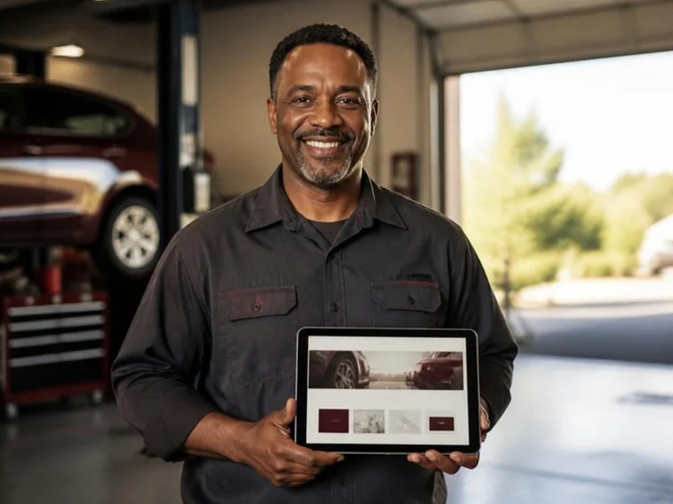 Auto repair shop owner smiling in his garage while holding a tablet showing his new website