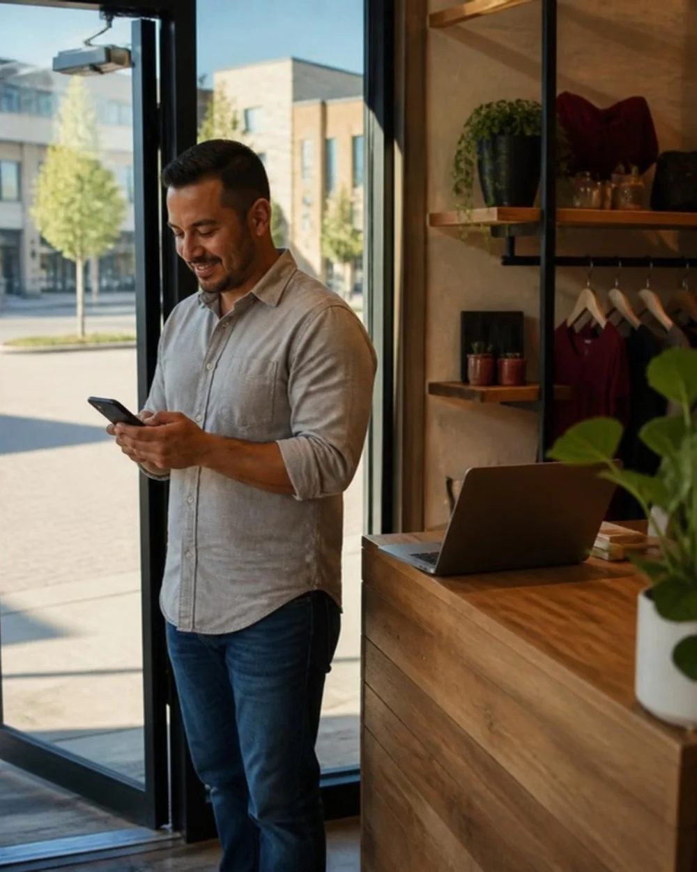 Frisco boutique owner checking his business website on a phone in his shop