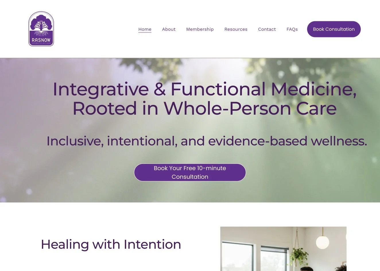 Rasnow Integrative Wellness website homepage designed by ViCoRea
