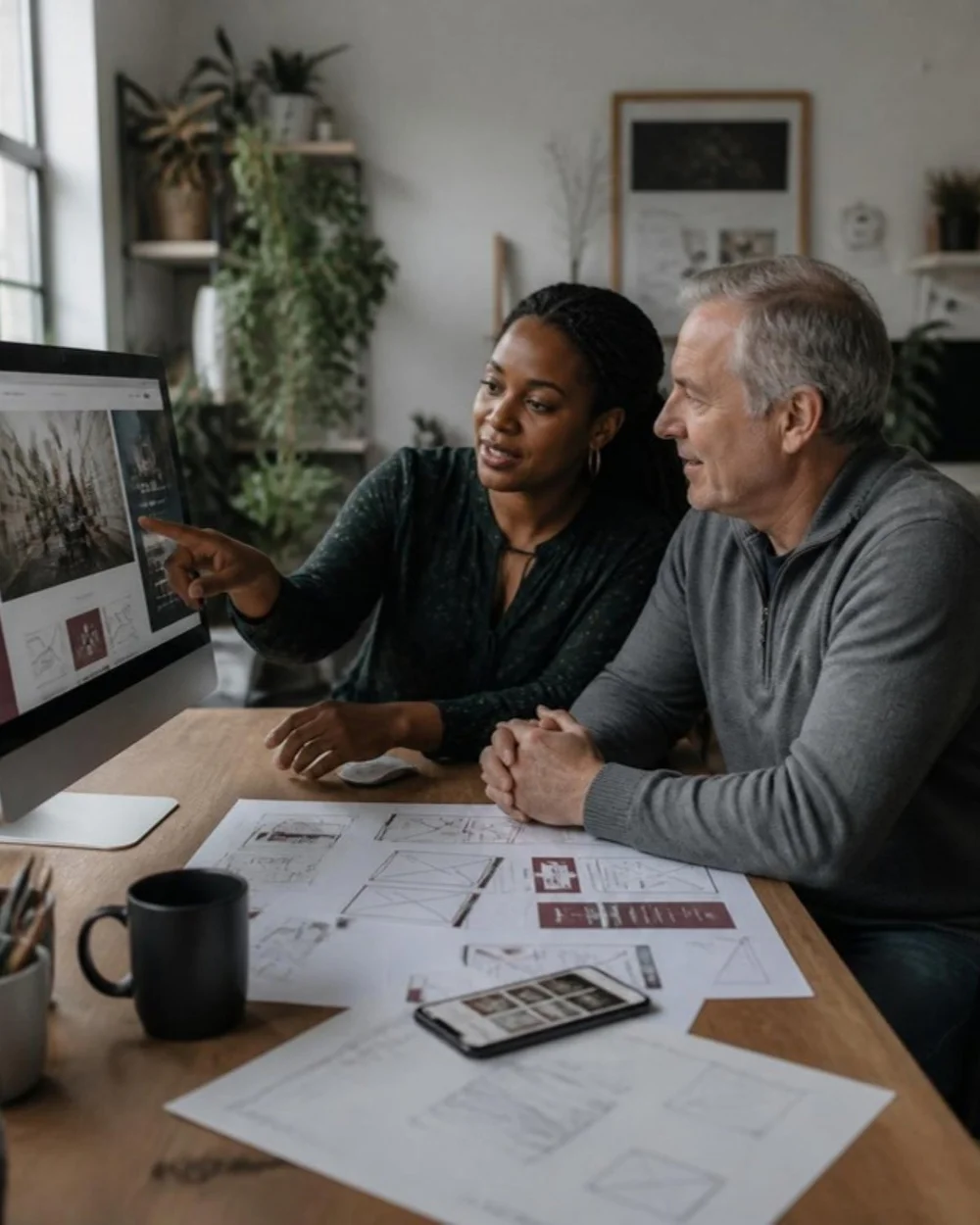 Web designer reviewing a new website homepage with a small business owner