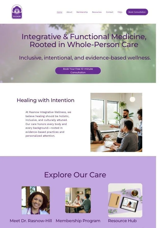 Rasnow Integrative Wellness website homepage, a holistic health site designed by ViCoRea with a free consultation call to action.