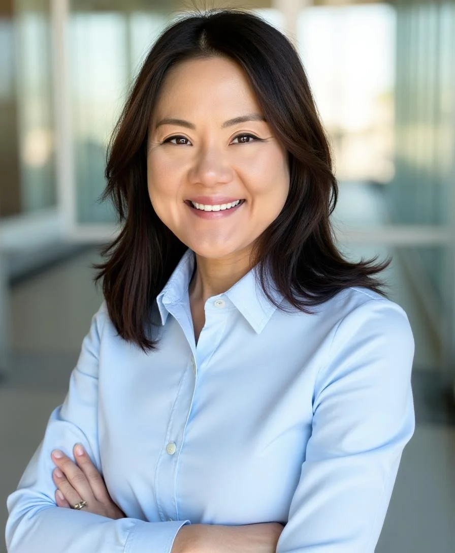 Smiling woman with dark hair in a light blue collared shirt standing in a bright modern office with arms crossed.