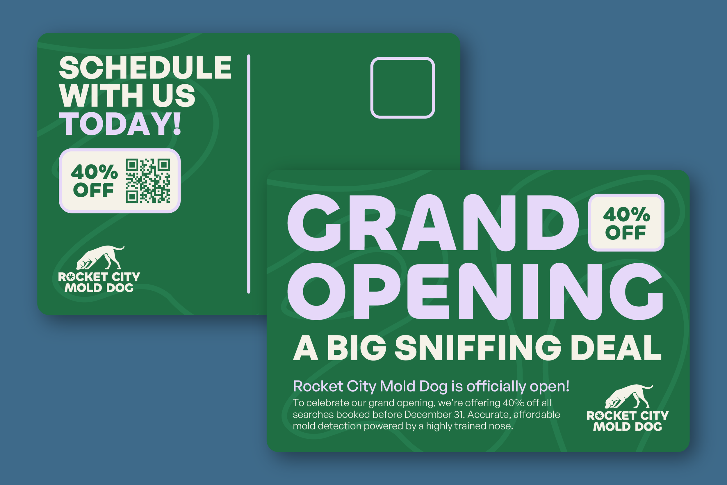 Two green promotional cards for Rocket City Mold Dog, advertising a grand opening with a 40% discount and a sniffer deal, featuring text, QR code, and logo with a dog silhouette.