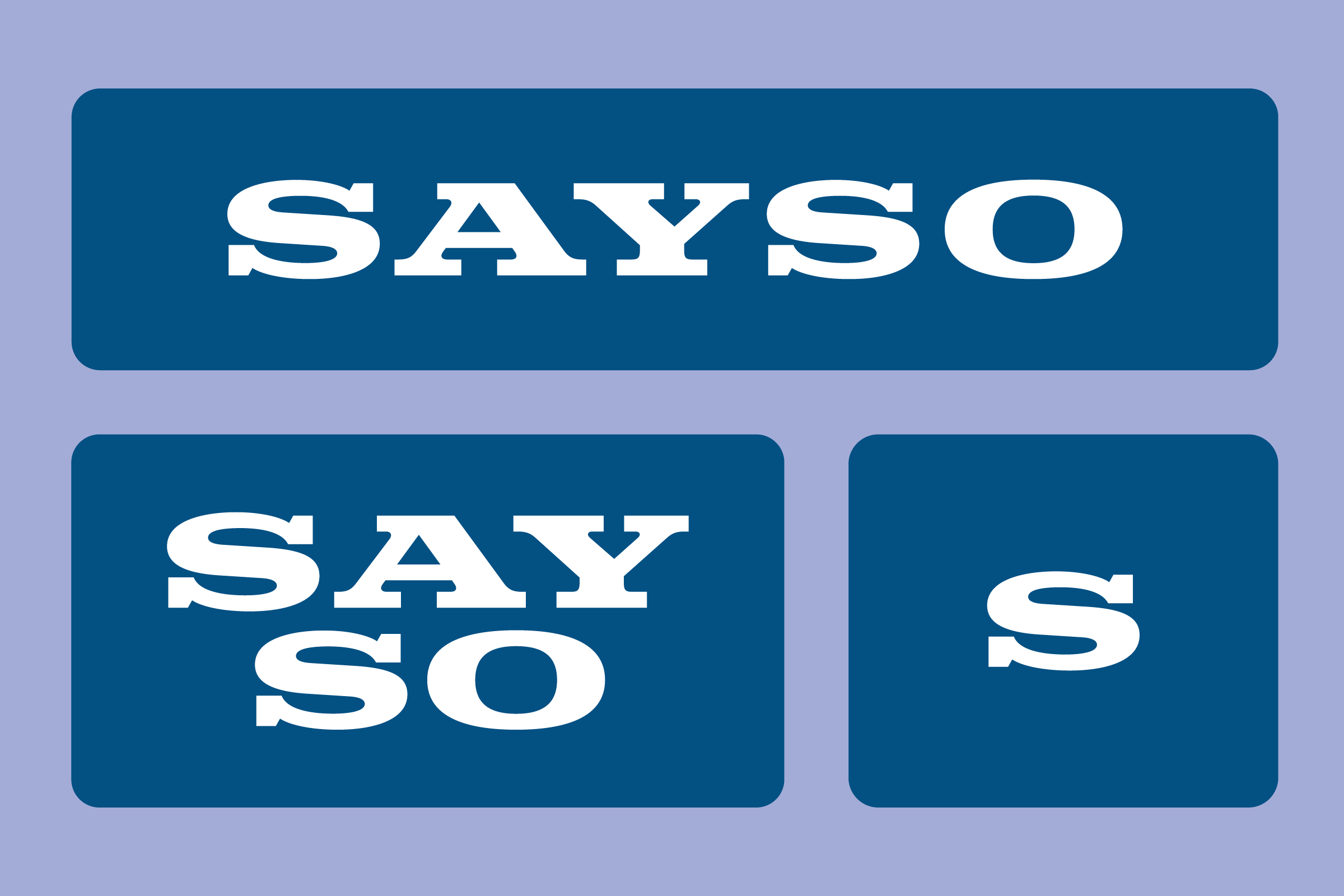 Text-based design with three blue rectangular blocks containing the words "SAYSO", "SAY SO", and "S" on a light purple background.