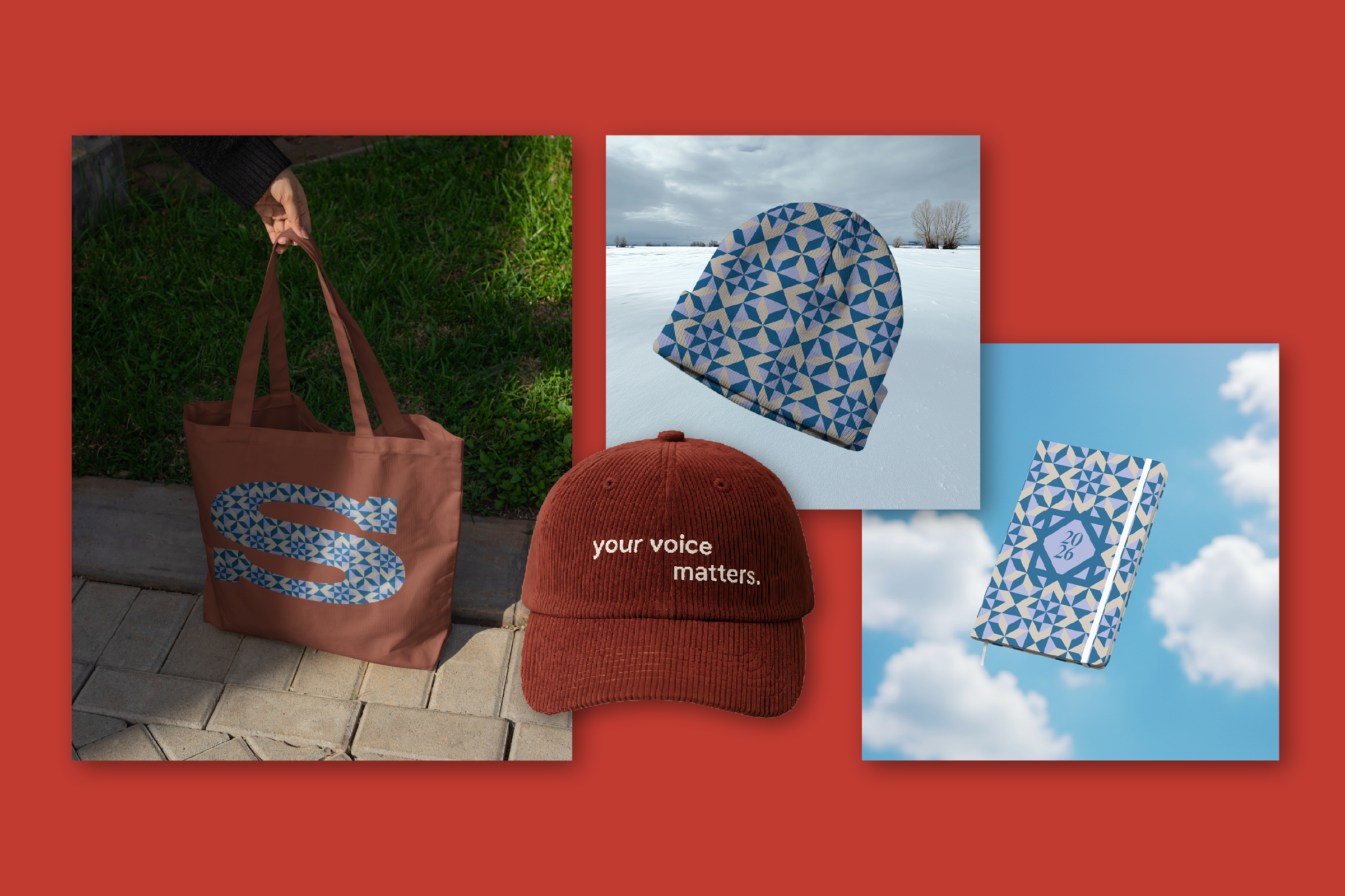 Collection of accessories featuring blue geometric pattern, including a tote bag, a beanie, a notebook, and a baseball cap with the phrase "your voice matters" embroidered on it, set against a red background.