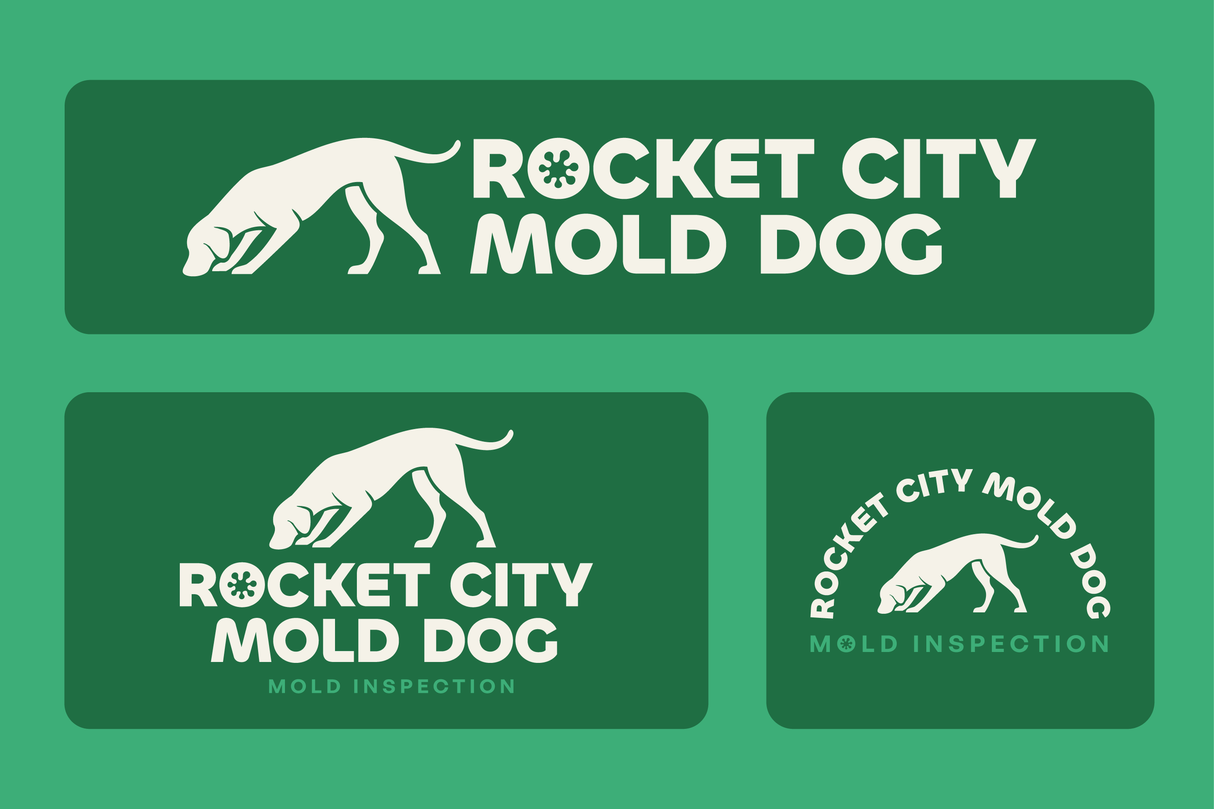Three green logo designs with white text and graphic of a mold inspection service called Rocket City Mold Dog, featuring a stylized mold dog graphic.