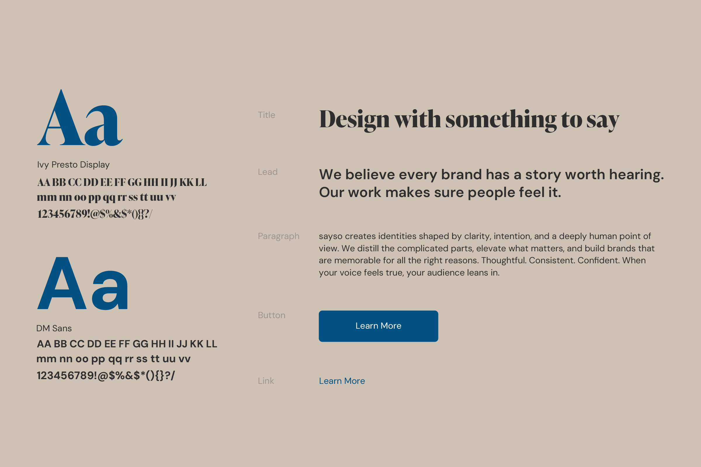 A website design layout with large blue font samples for fonts Ivy Presto Display and DM Sans, a bold headline 'Design with something to say,' a subheading about branding, a paragraph of placeholder text, a blue 'Learn More' button, and a blue 'Learn