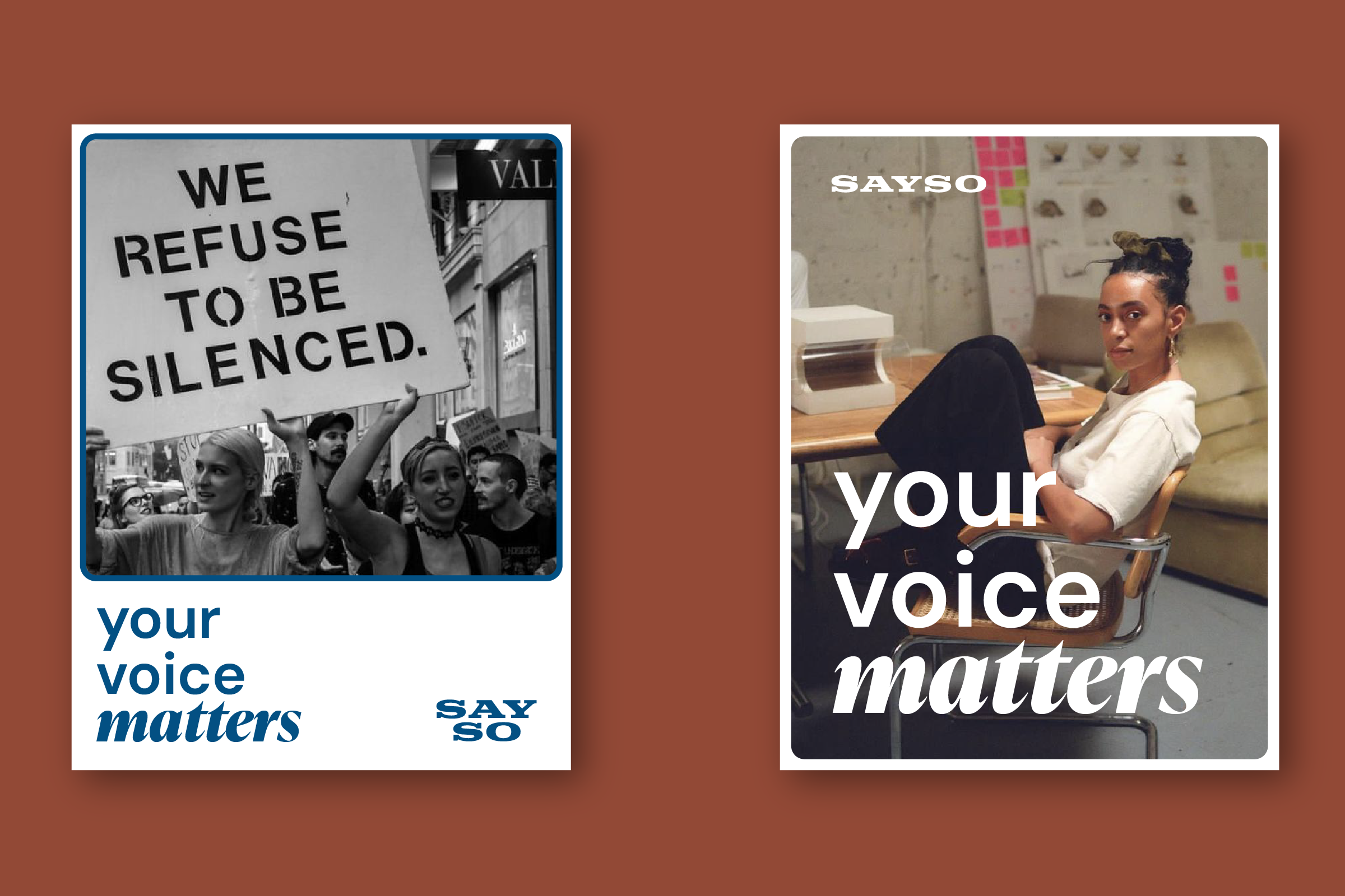 Two posters side by side. The left poster shows a black-and-white photo of women protesting, one holding a sign that says 'We refuse to be silenced.'' The right poster features a woman sitting in an office chair, looking at the camera, with the text 