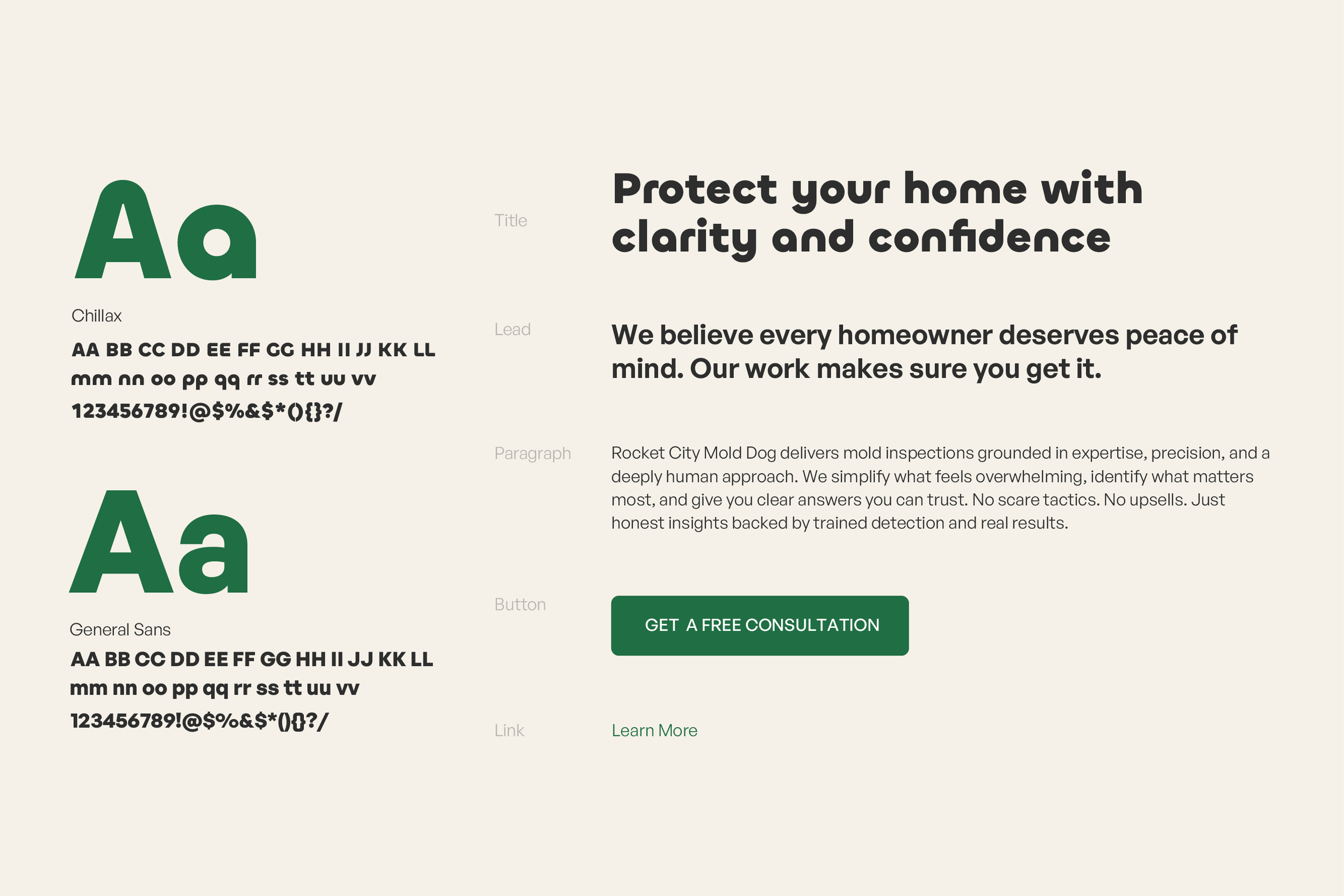 A webpage showcasing typography options with large green 'Aa' letters for Chillax and General Sans fonts. The page has a headline about home protection, a paragraph describing mold inspection services, and two call-to-action buttons: 'GET A FREE CONS