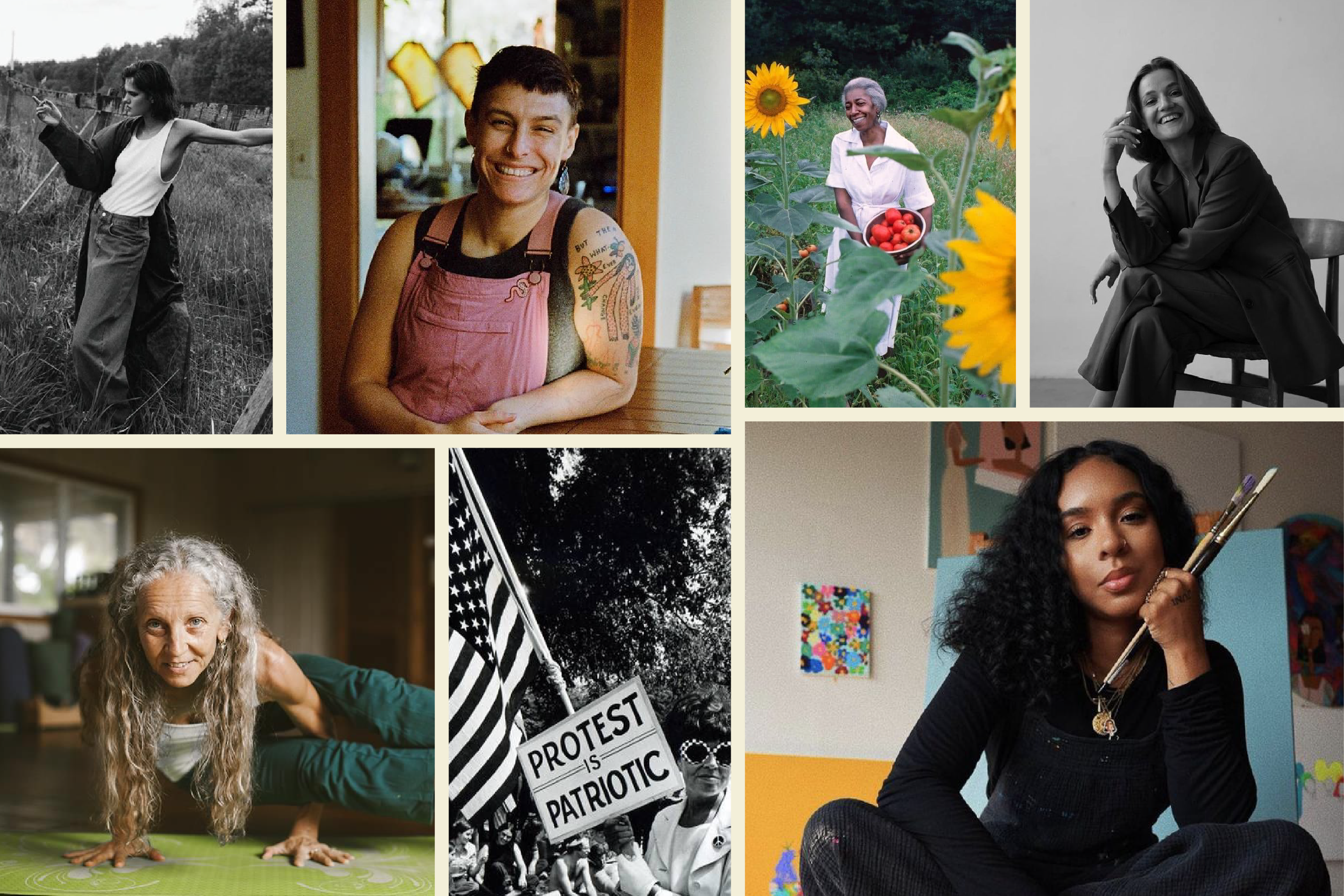 Collage of diverse women engaged in different activities, including outdoor gardening, indoor art, yoga, protesting, and casual posing.