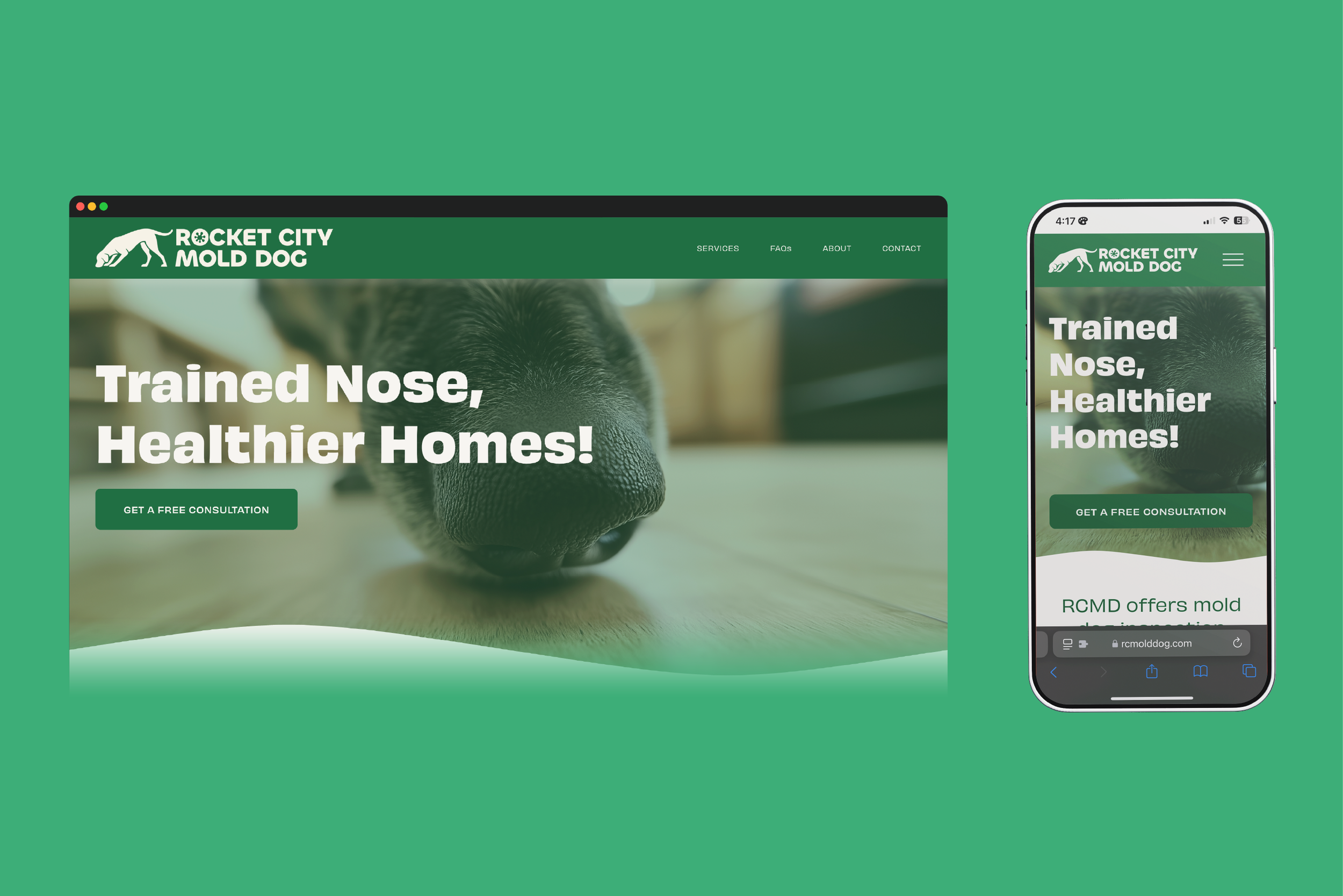Website and mobile view of Rocket City Mold Dog with a close-up of a dog's nose and the text "Trained Nose, Healthier Homes!"