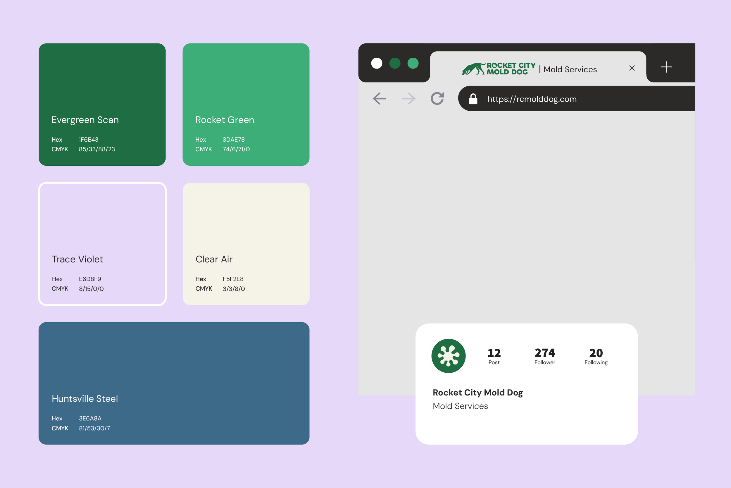 Color palette with six color samples and their names, codes, and CMYK values, arranged in a grid on a light purple background. The samples are Evergreen Scan, Rocket Green, Trace Violet, Clear Air, Huntsville Steel, and a website interface with a log