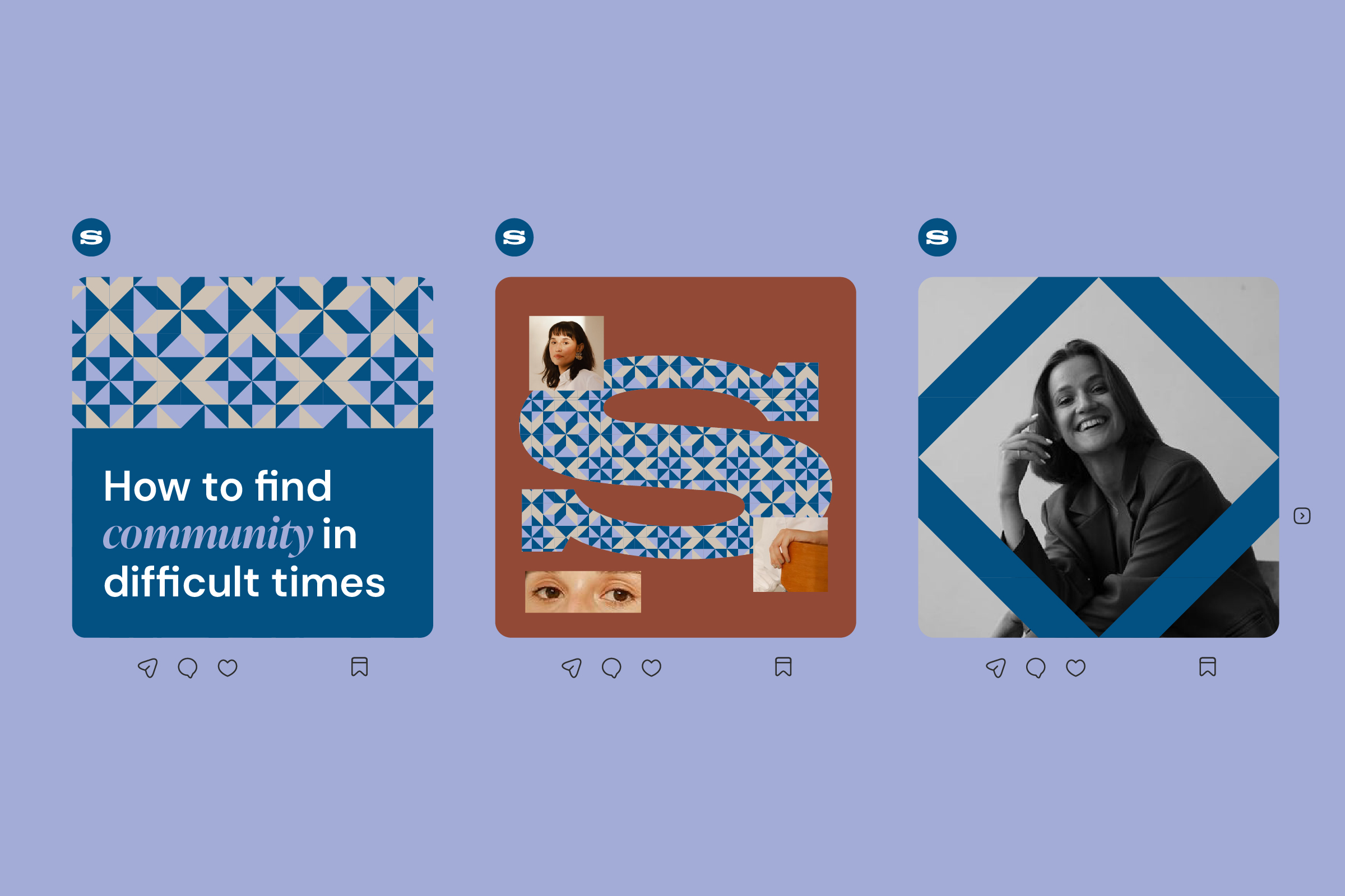 A graphic design of three social media-style posts with photos, text, and geometric patterns, showcasing content about finding community during difficult times.