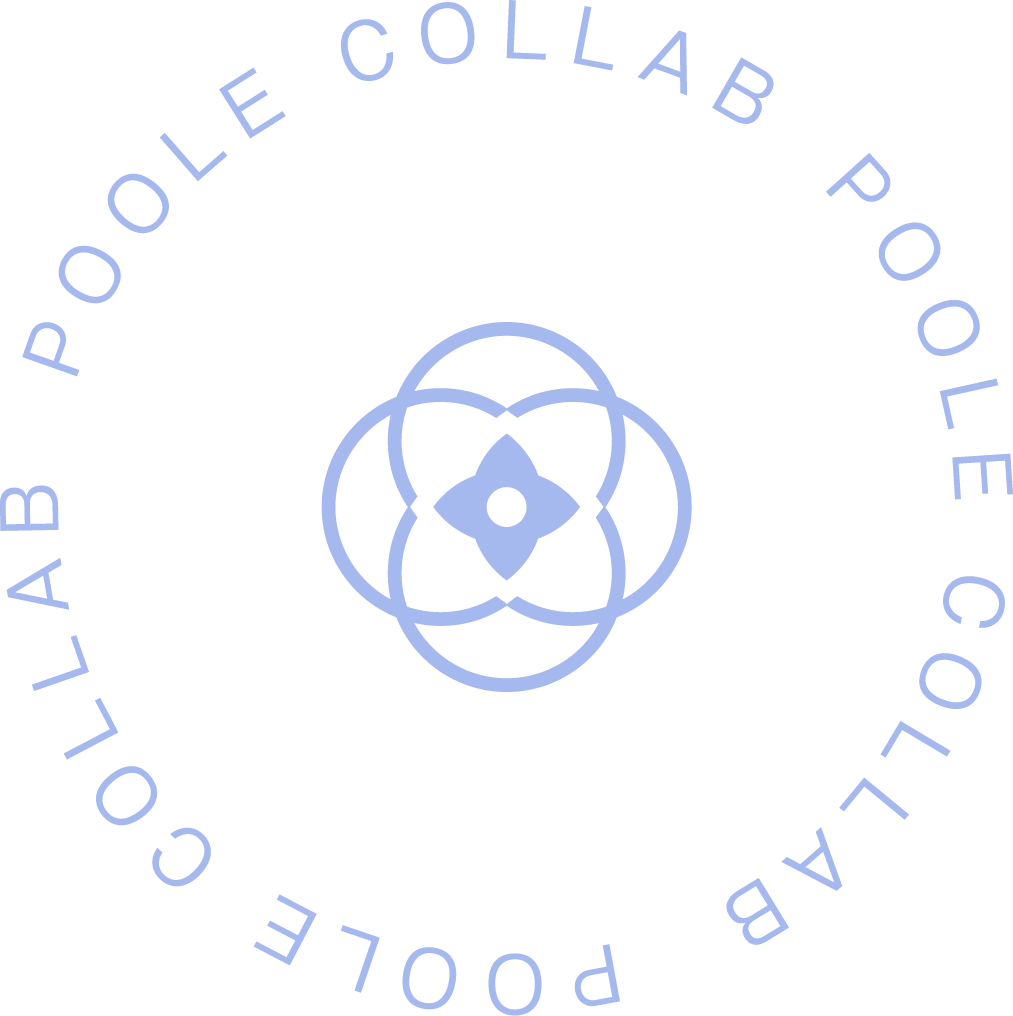 Circular logo with the text 'POOL COLLAB POOL' repeated around the circle and a geometric flower-like design in the center.