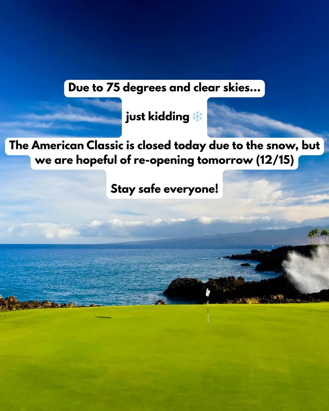 Due to the weather, we are closed today. ❄️⛳️

Stay safe everyone! #snowday #acgc #golf