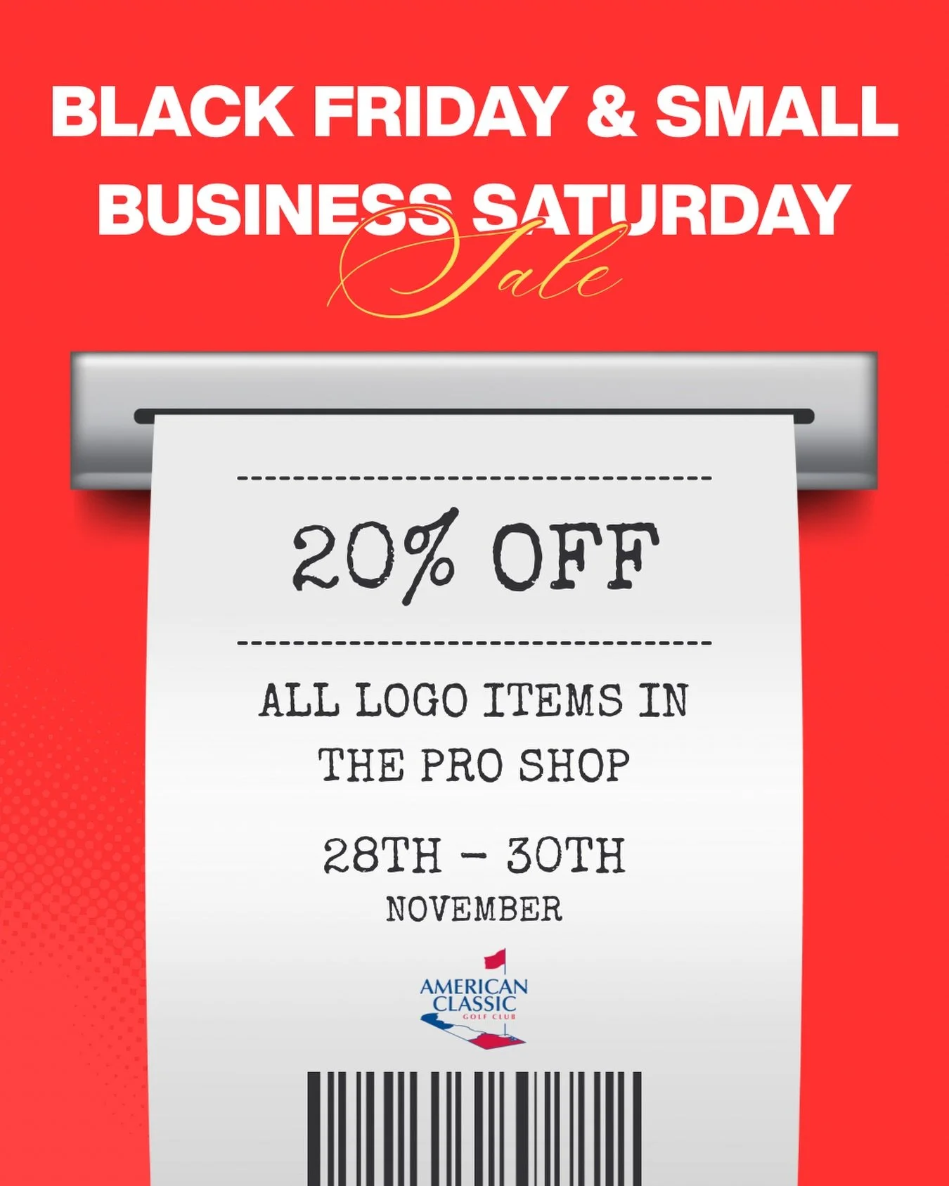 Our Black Friday &amp; Small Business Saturday Sale is underway🚨

Starting today and ending on Sunday, November 30th, take 20% off ALL ACGC logo&rsquo;d items in the Pro Shop. Simply put, if it has our logo on it, it qualifies 💯

Act fast though as