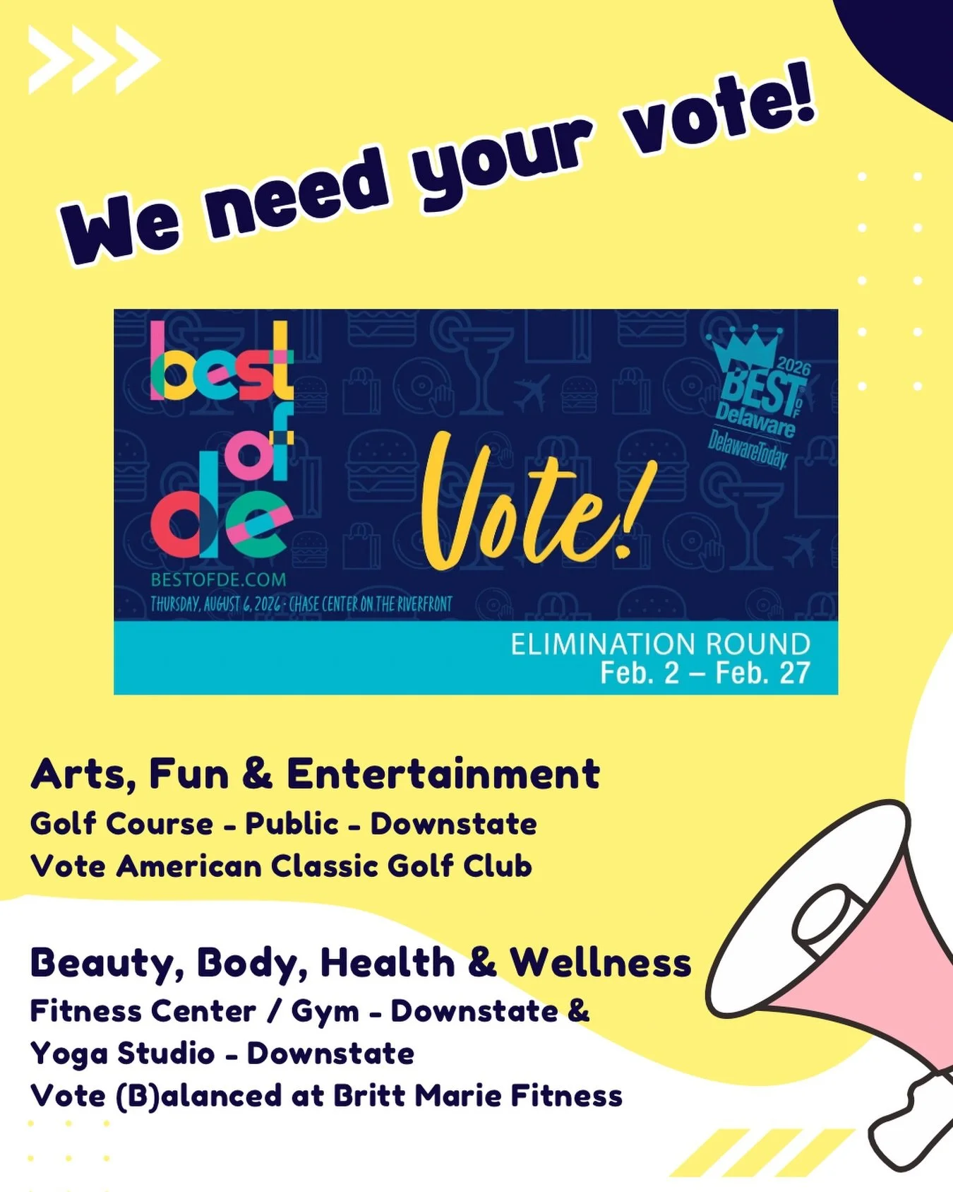 🚨We made it to the final round🚨

Both the American Classic Golf Club &amp; (B)alanced by Britt Marie Fitness have been nominated for Best of Delaware awards!

If you enjoy playing at ACGC and your time improving your health at BMF, we ask that you 