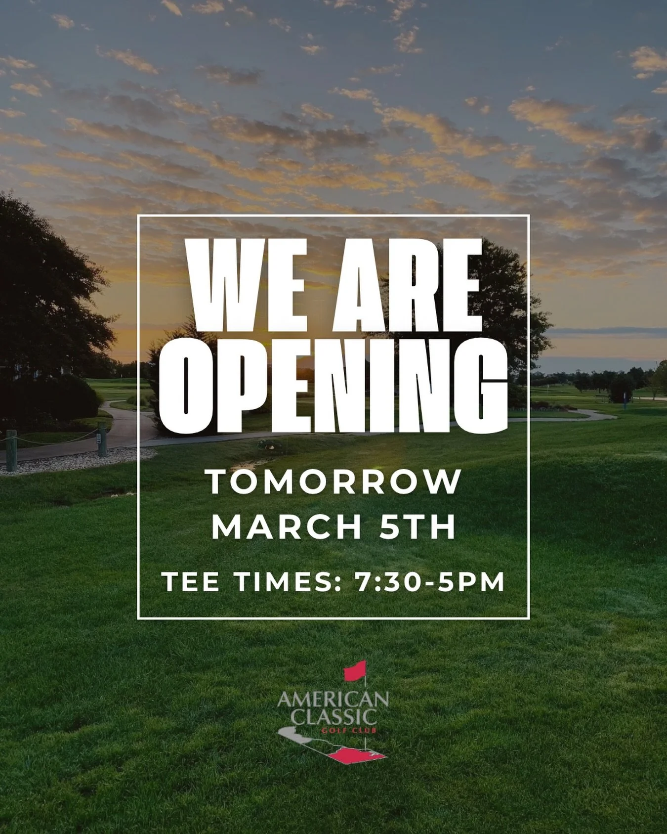 We got NEWS 🙌

ACGC will be begin opening up for tee times tomorrow, March 5th!

However, we will be walking only for a couple of days as the course is extremely saturated. We are hoping to have riding carts available for the weekend, but we need a 