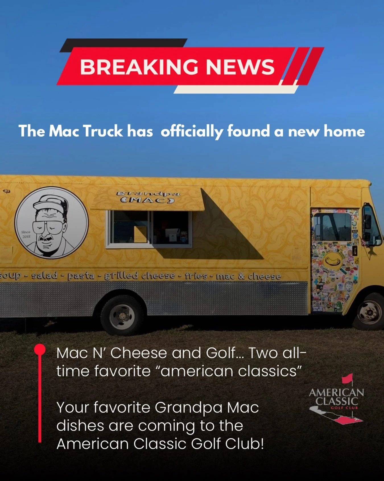 🚨Grandpa Mac &amp; American Classic Team-up🚨

We are excited to announce that @_grandpa__mac will be available soon at the Classic! ⛳️

Stay tuned for more information in the coming days on when the Mac Truck will officially be in action, how to pl