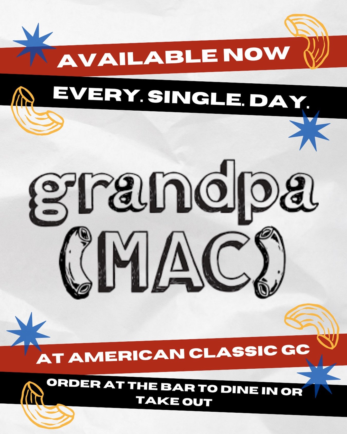 🚨 The Grandpa Mac Truck is officially OPEN here at the American Classic every day starting today🚨

To order your favorite Mac dishes, please stop by the Back 9 Bar here at ACGC to place your order! You can dine in, takeout, enjoy on the course, or 