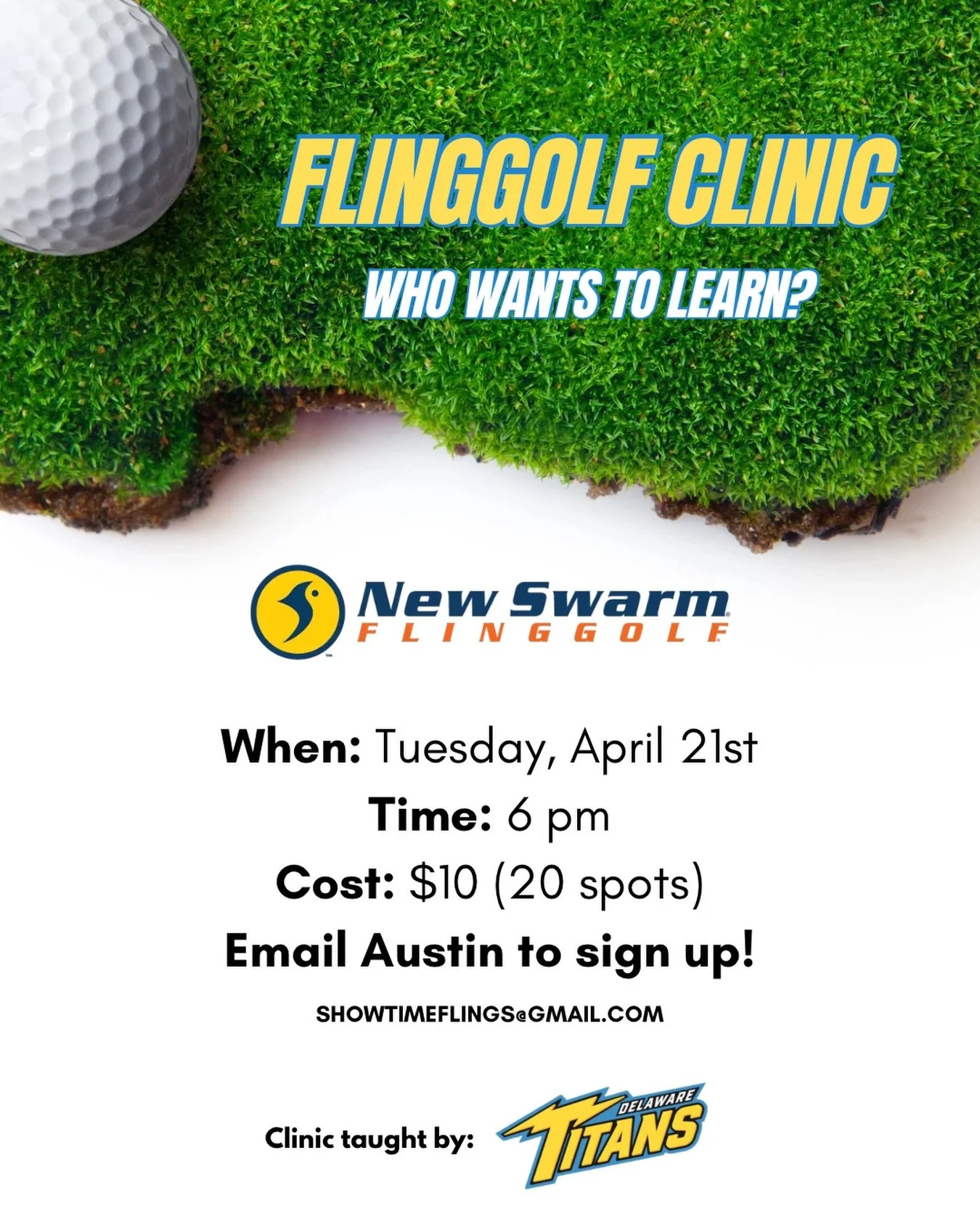Who wants to learn how to play FlingGolf? ⛳️

Sign up today by emailing Austin to reserve your spot(s)! showtimeflings@gmail.com

This clinic will be taught by the Delaware Titans; Delawares Professional FlingGolf Club ⚡️