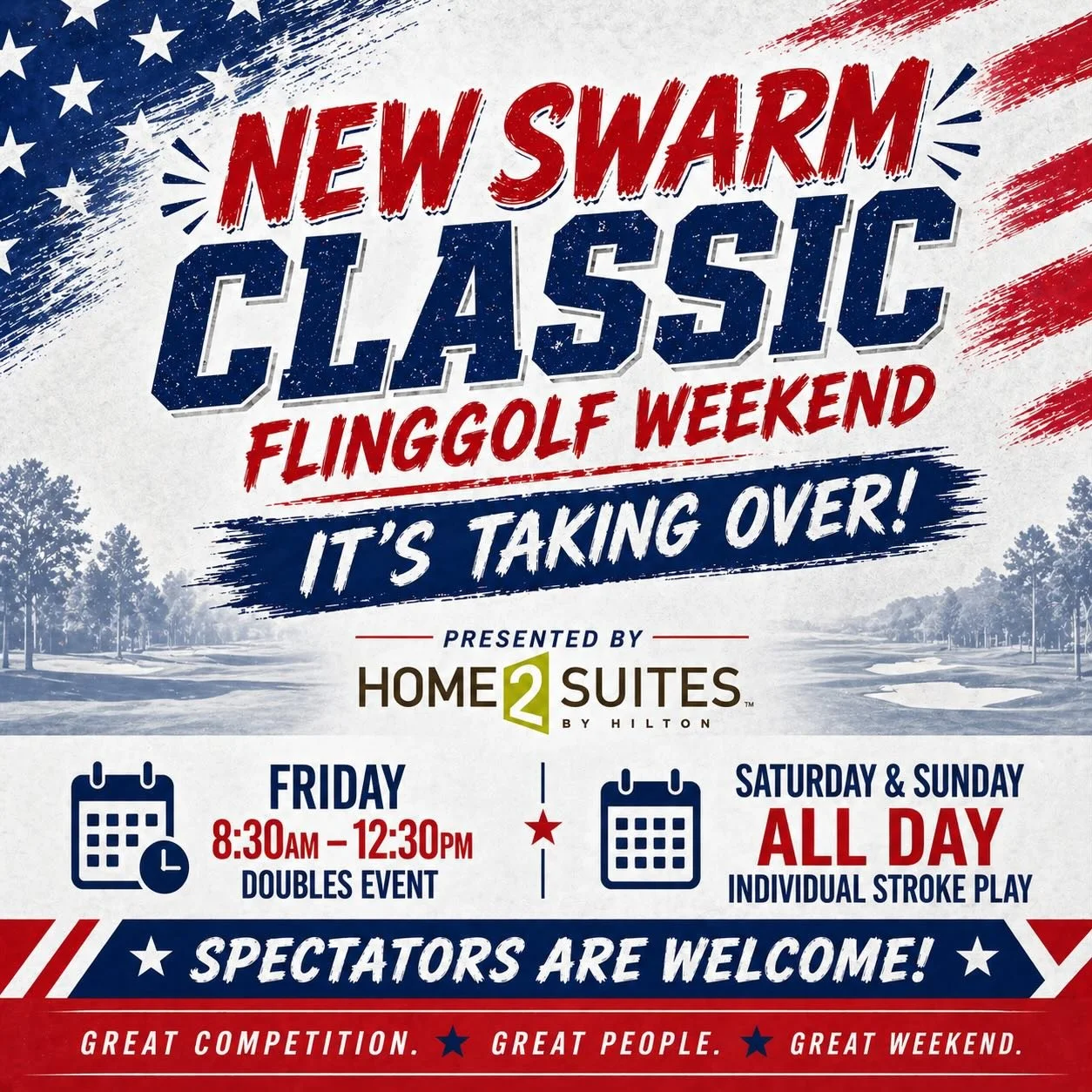 It&rsquo;s official &mdash; the NEW SWARM CLASSIC is here 🇺🇸

Join us for a full weekend of FlingGolf:
Friday: Doubles | 8:30&ndash;12:30
Saturday &amp; Sunday: Individual Stroke Play | All Day

Spectators are welcome &mdash; come out and watch the