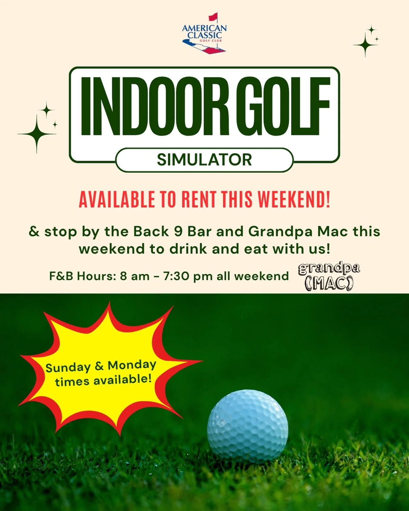 Rain or shine, we&rsquo;ve got your weekend plans covered! ⛳️✨

Our Indoor Golf Simulator is open for rent this weekend&mdash;with prime slots still available for Sunday and Monday. 

Come swing some clubs and stick around for great food and drinks a