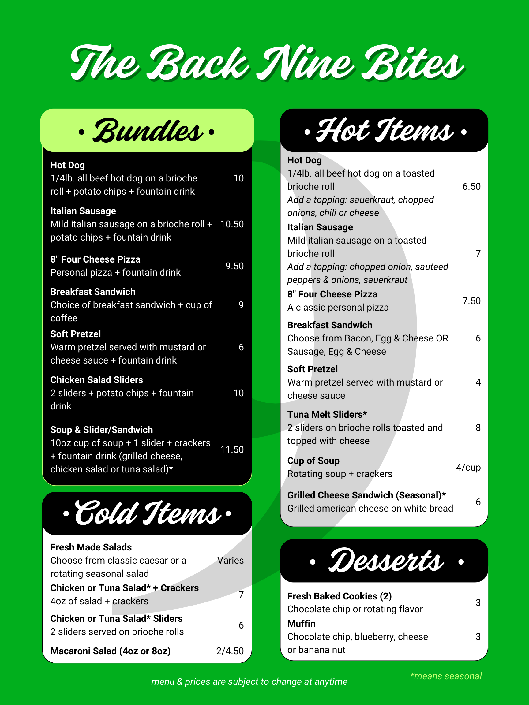 The Back Nine Food Menu