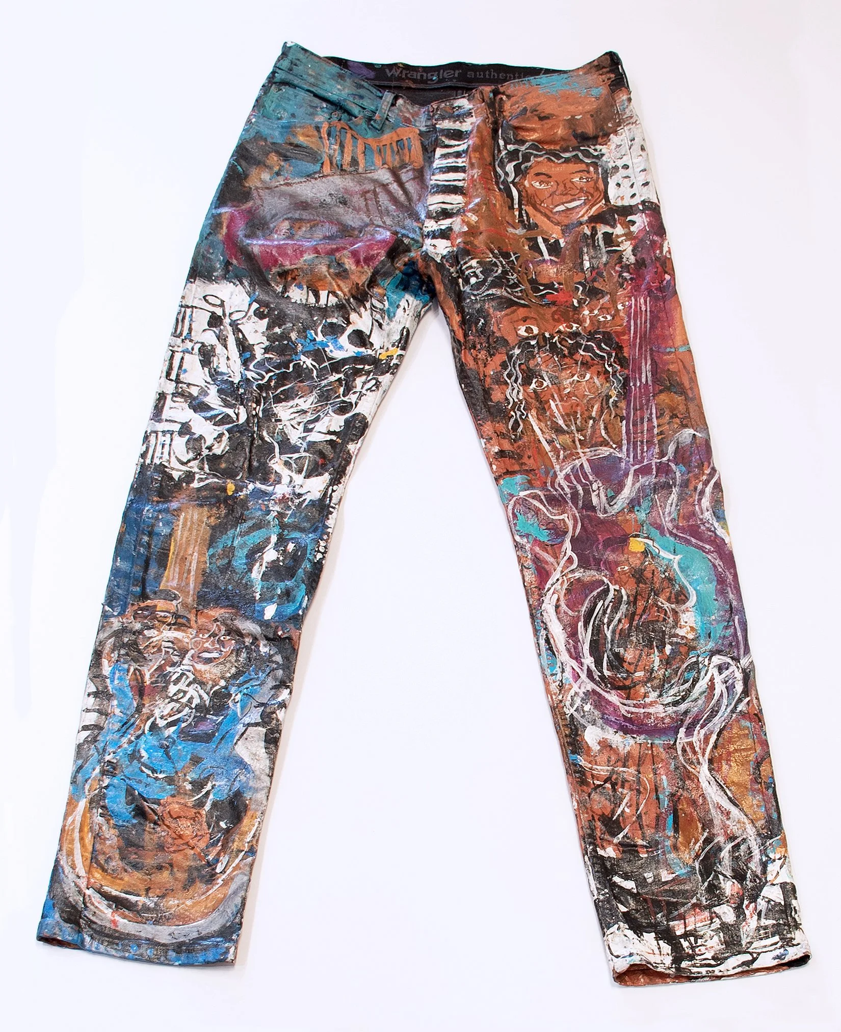 Jaither West, Untitled Jeans 2 (with James Brown, Rick James). 2026. Acrylic on Wrangler jeans.
