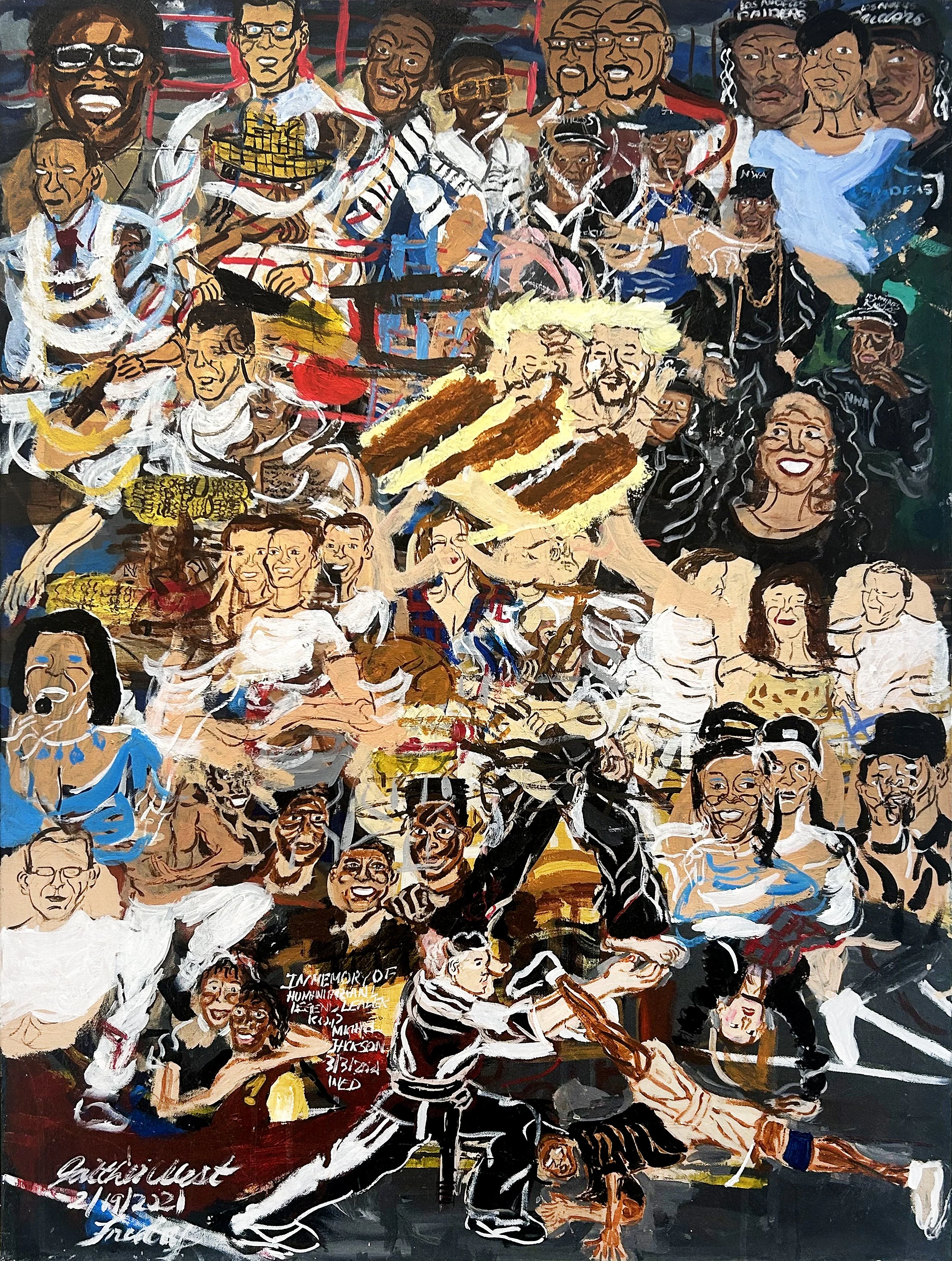 Jaither West, Culinary Chefs with Martial Artists and Music Success, 2021. Acrylic on canvas.