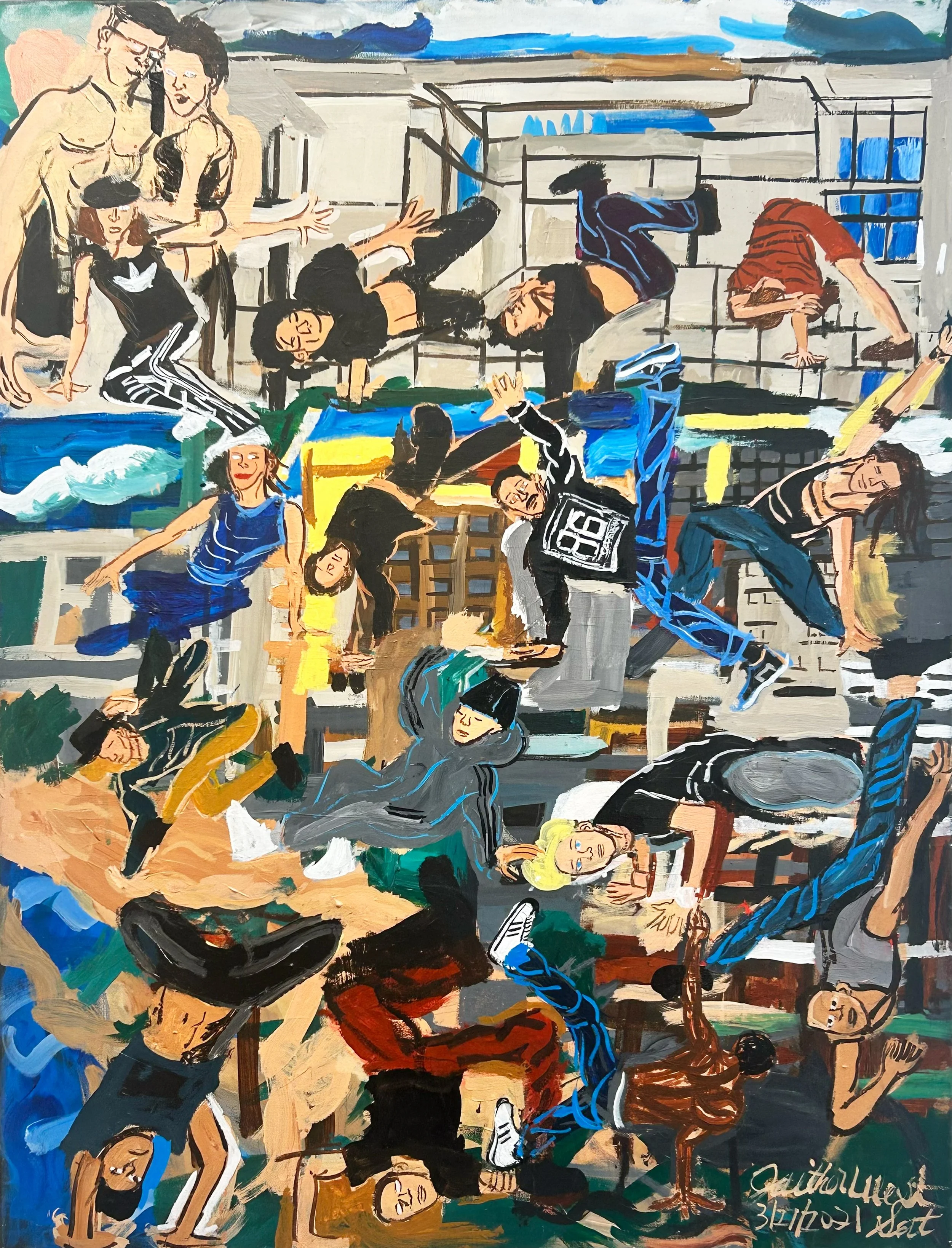 Jaither West, Breakdancers in Costa Rica and Puerto Rico, 2021. Acrylic on canvas.
