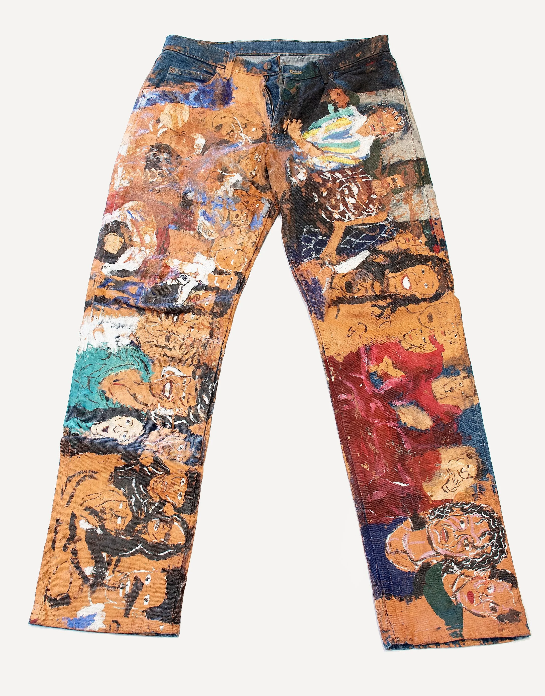 Jaither West, Untitled Jeans 3 (with Will Smith, Jazzy Jeff, and Cynthia Rothrock). 2026. Acrylic on Wrangler jeans.